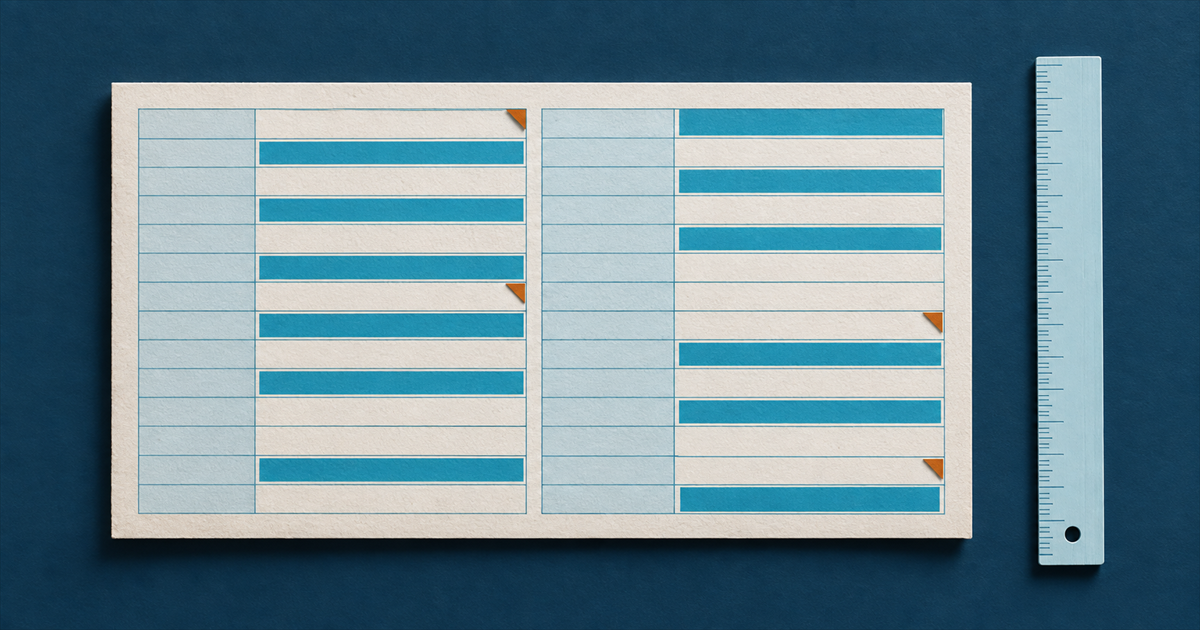 A specification card with a ruled grid of empty label and value cells, a third filled solid teal, four cells carrying an amber corner fold