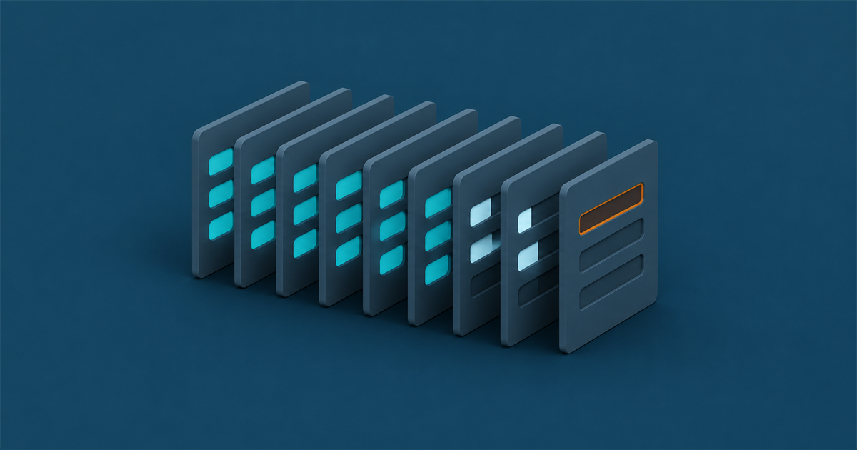 A fanned stack of eight identical thin plates, each with the same slot pattern, five filled teal, two partially pale, one with an empty amber slot