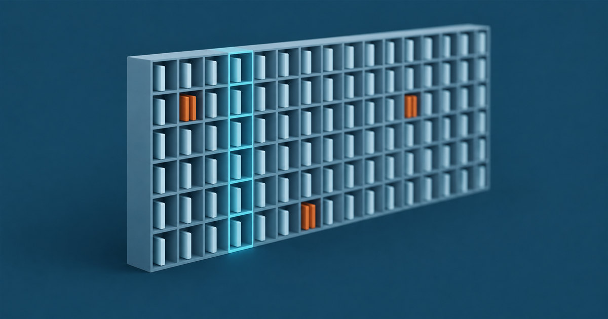 A wall of small square cubbies each holding a thin plate, one column teal-lit, three cubbies holding two amber plates each