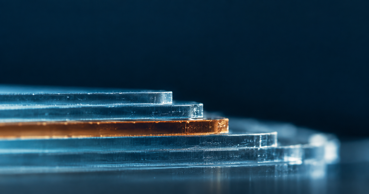 Extreme macro of the stepped edge of layered acetate sheets under raking teal light, one middle layer amber and misaligned
