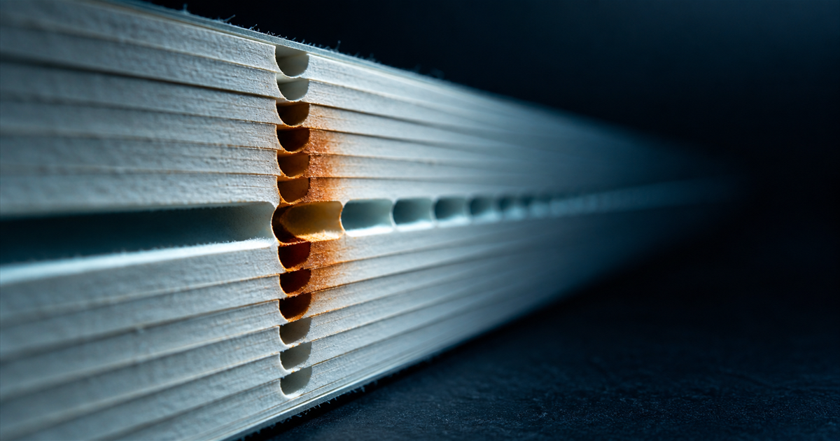 Macro of index card edges in a drawer, punched notches aligned into a continuous groove, six cards in the middle notched wrong and lit amber