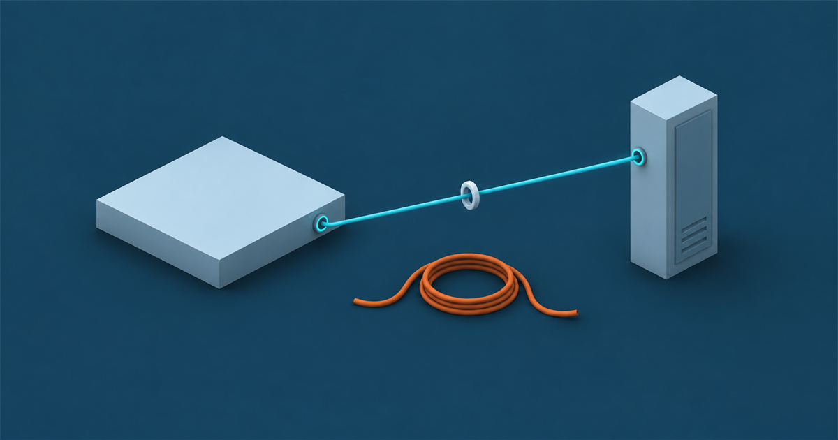 Two matte volumes joined by a single taut teal filament through a ring, with a slack amber cable discarded on the ground beneath