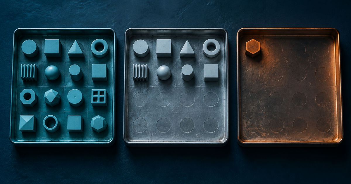 Three trays on a dark tabletop, the left full under teal light, the middle half full, the right holding one object under an amber lamp
