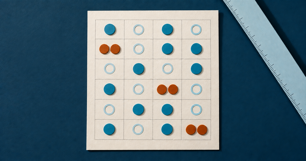 A responsibility matrix on card, teal discs for ownership and hollow rings for consumption, three cells holding two discs and marked amber