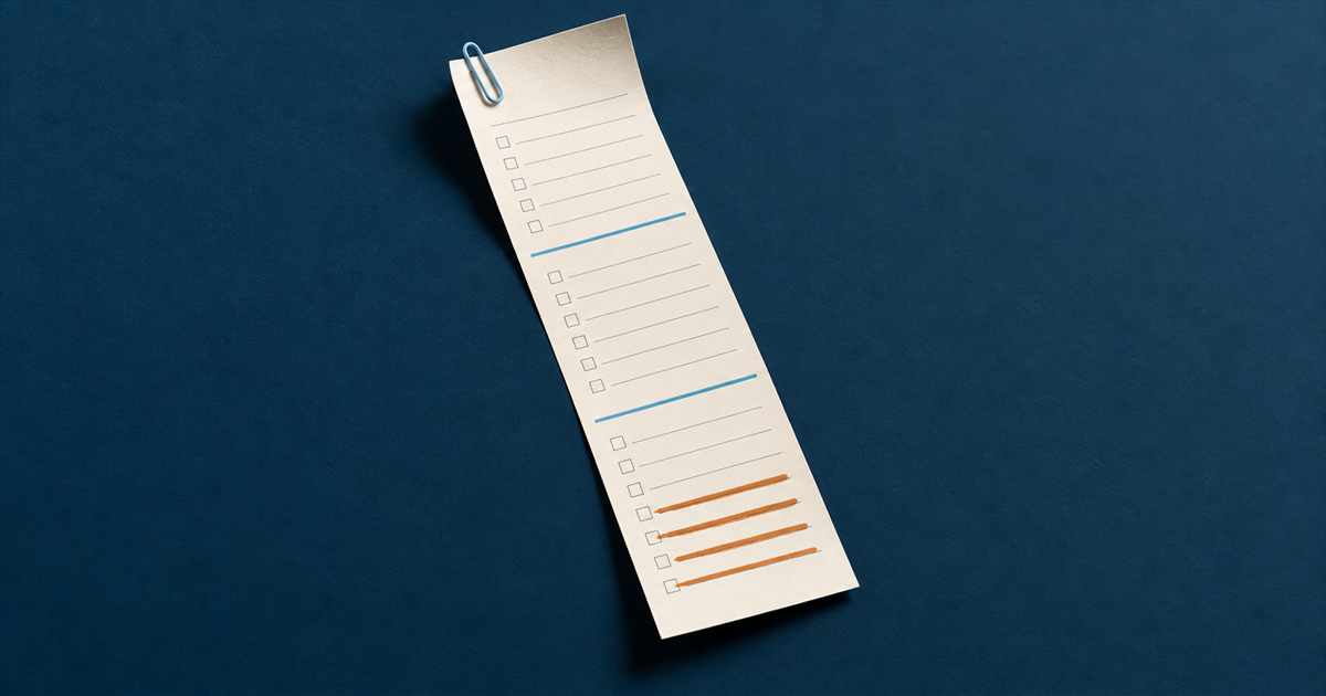 A long statement on paper with a column of empty line items, teal section rules, four items struck through in amber