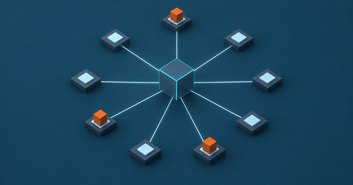 Nine flat edge nodes ringing a teal-edged origin cube, three of them holding an amber cube that does not match the origin silhouette