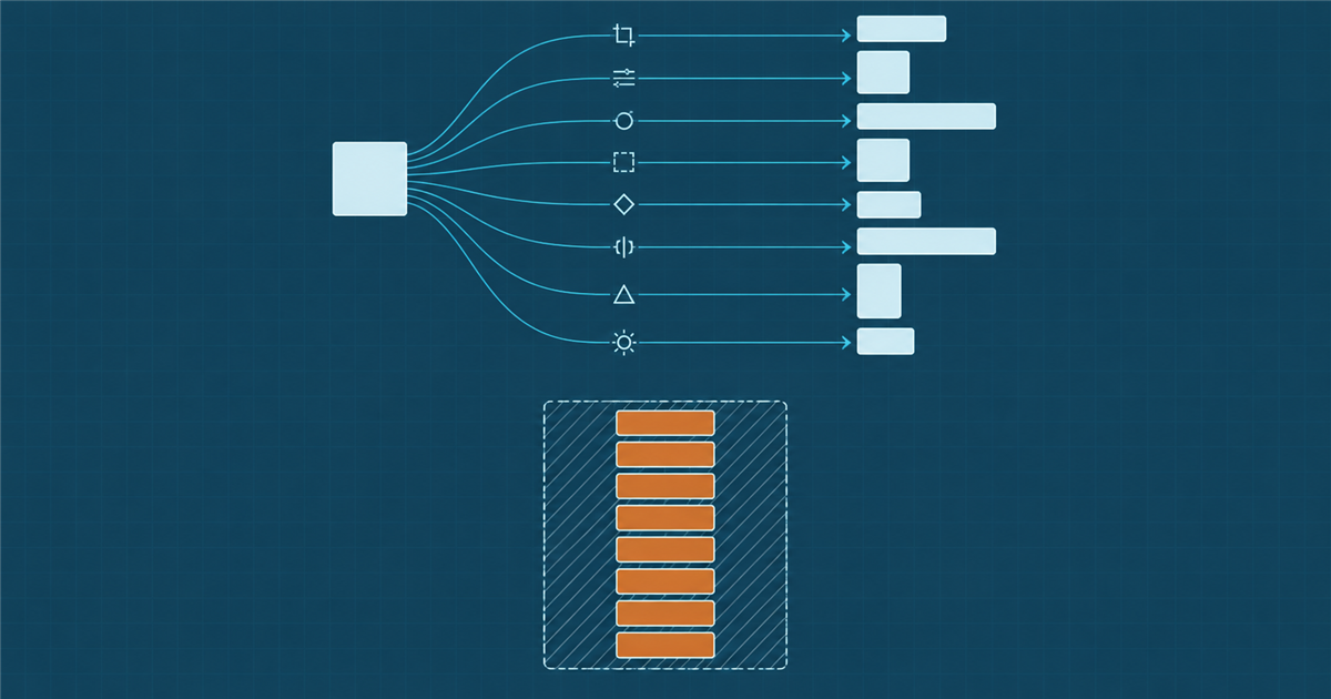 One source square linked by teal parameter lines to eight differently proportioned outputs, with the same eight redrawn in amber inside a hatched storage container
