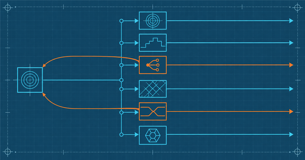 A schematic of one source block feeding six transform blocks each emitting one output, two of the blocks amber with a rejection arrow curving back