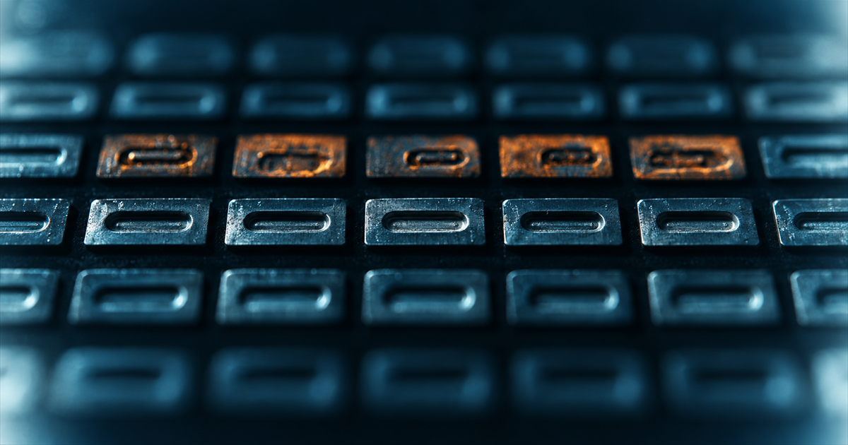 A tray of small embossed metal labels under raking teal light, five in the third row stamped off-centre and lit amber