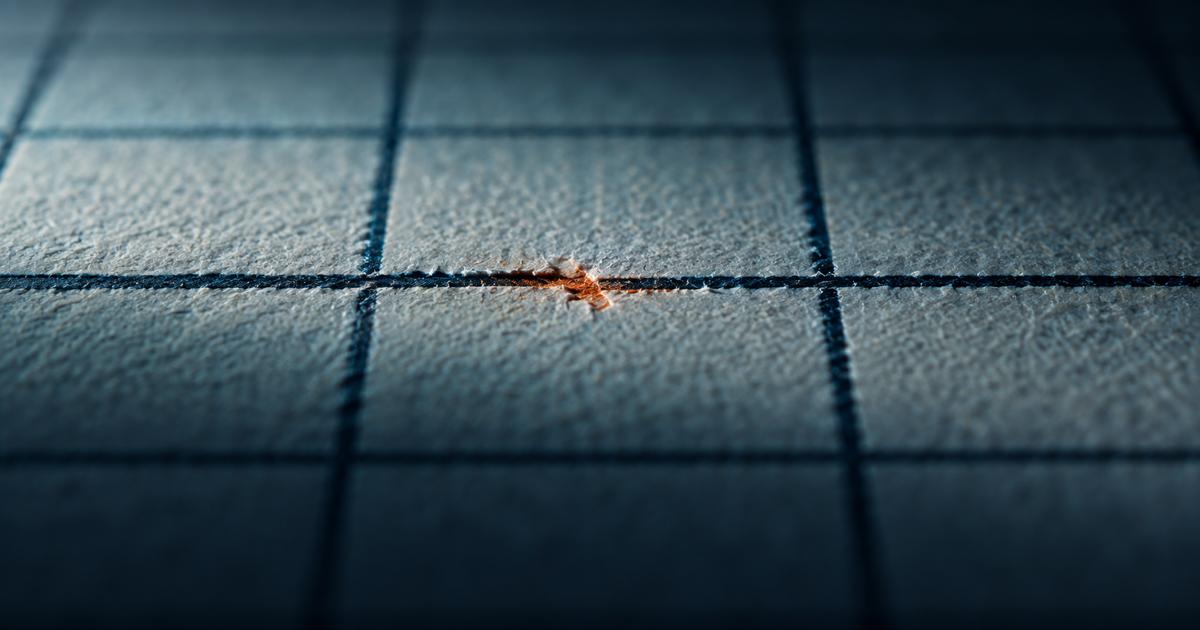 Macro of a printed ruled grid on paper under raking teal light, one cell carrying an amber correction mark over the printed rule