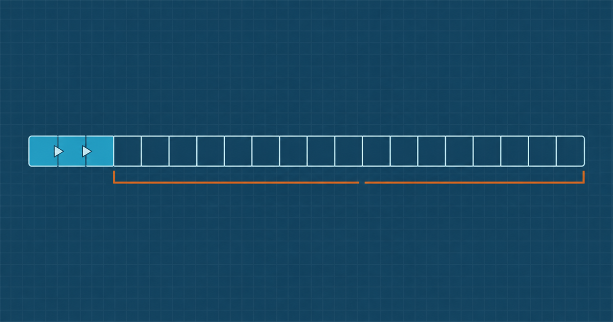 A twenty-segment strip with the first three filled teal and joined by cursor arrows, an amber broken bracket spanning the rest