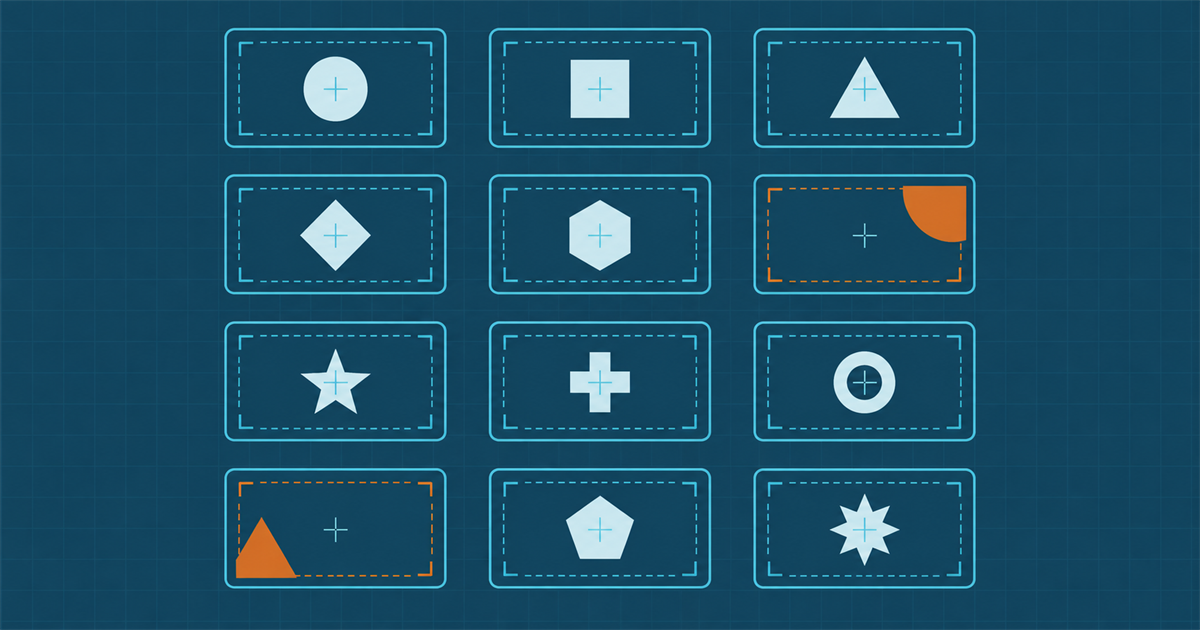 A three by four grid of framing templates with teal crop guides, ten centred and two amber with the subject offset and clipped