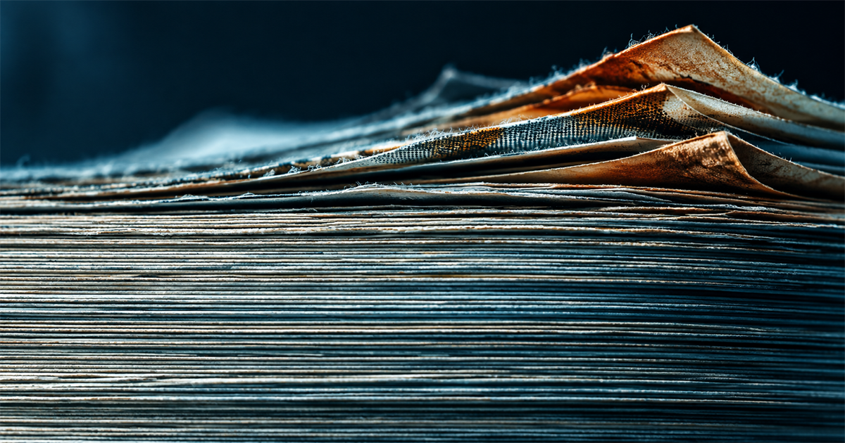 Macro of a stack of printed sheets along the cut edge, orderly for two thirds and fanning into dog-eared amber sheets at the top