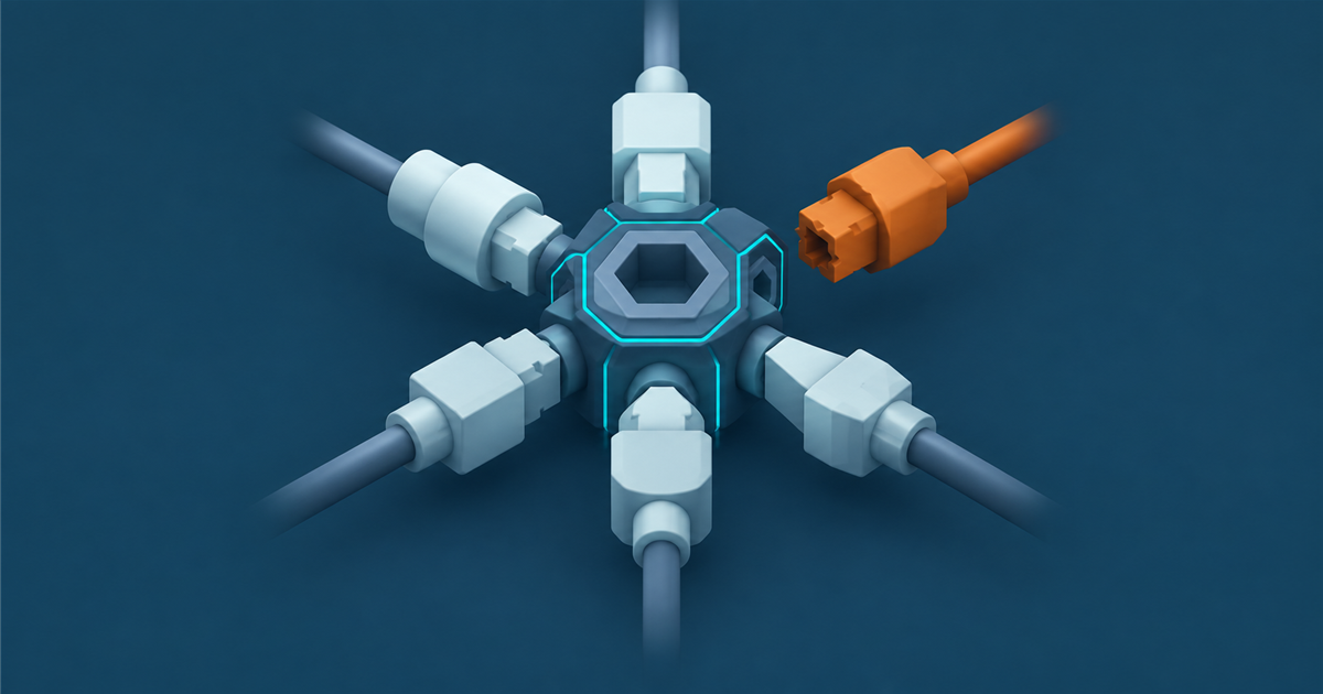 A teal-edged core with six radial connector plugs, five seated and one amber plug held at an angle with the wrong key profile