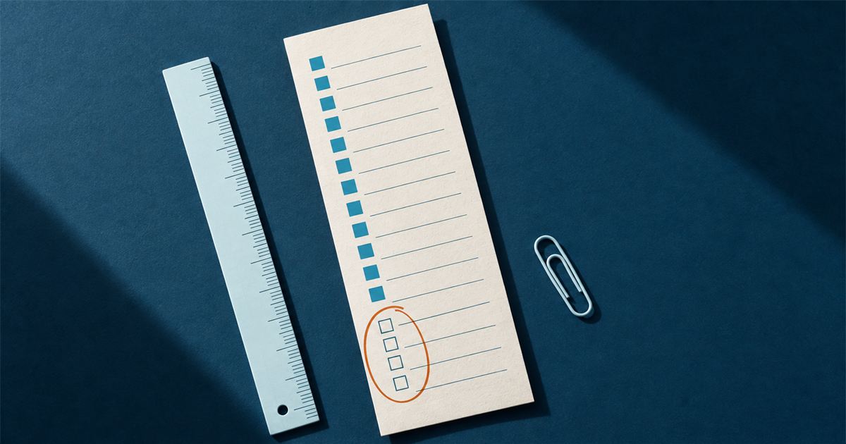 A long checklist card with a column of ruled items, most boxes filled teal, four empty and ringed in amber