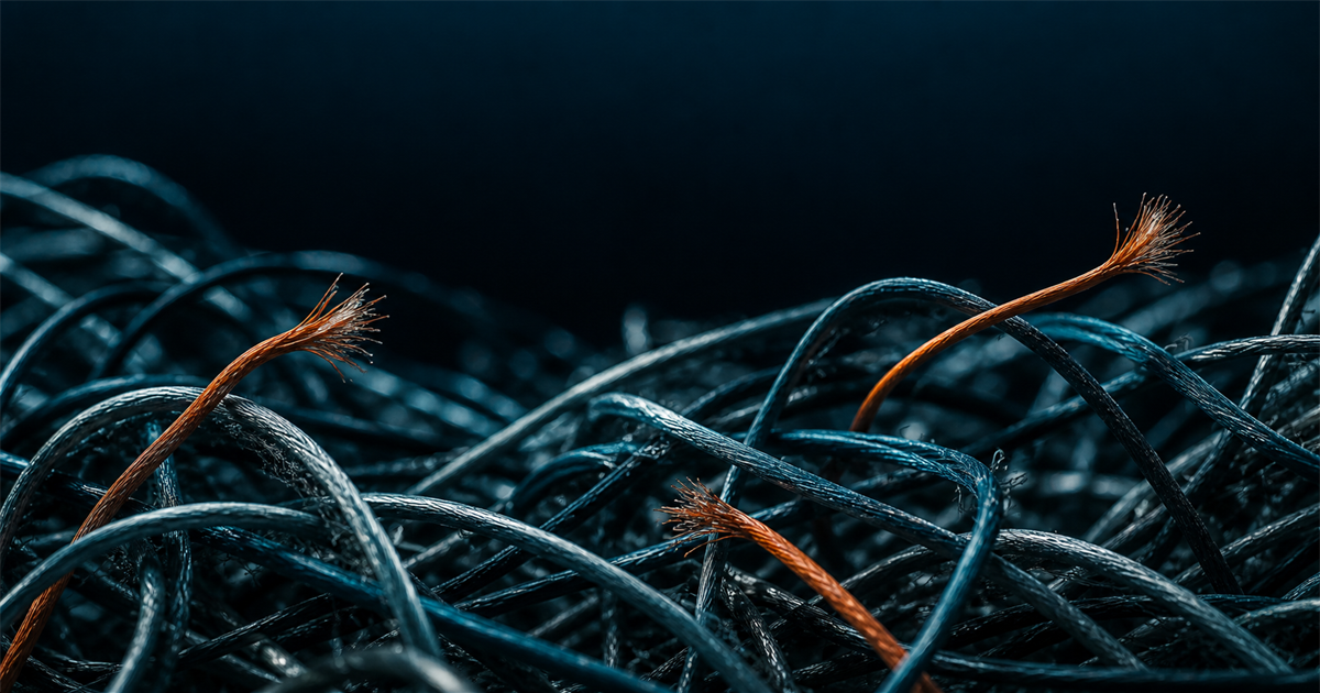Macro of a tangle of fine cable under raking teal light with three amber strands frayed at one end