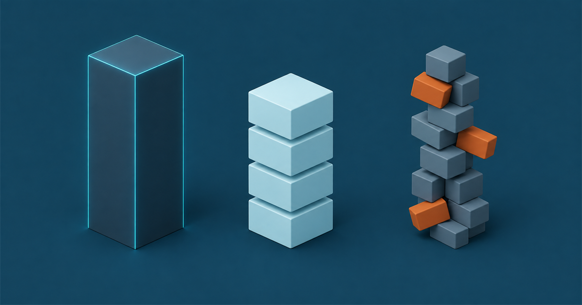 Three stacks side by side, a tall teal-edged monolith, a stack of four pale blocks, and a loose pile of eleven with three amber blocks slipping out of alignment